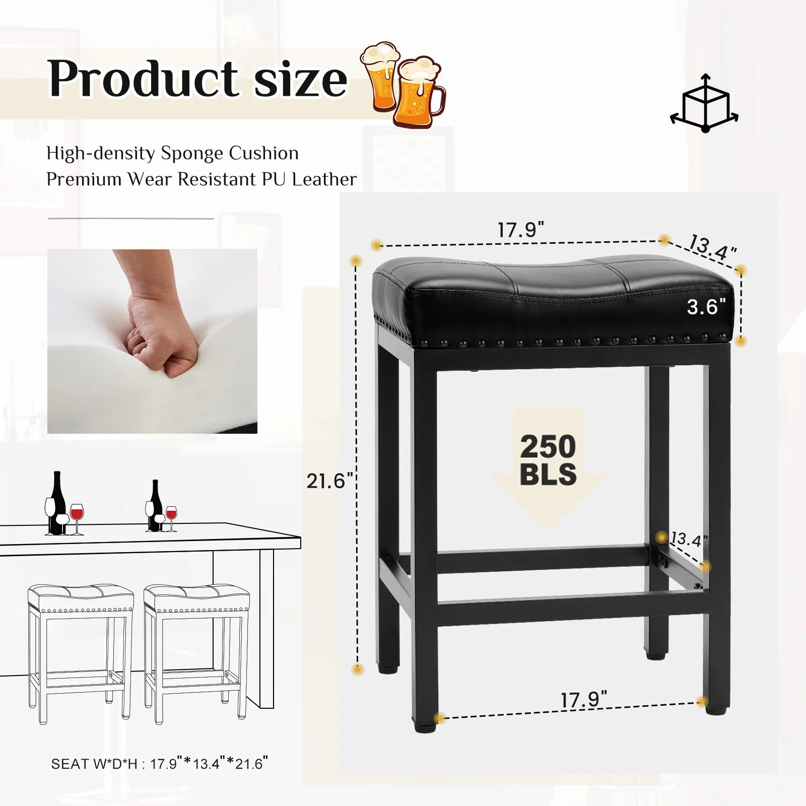 JHK Bar Stools Saddle-Style Pu Leather Upholstered Chair Counter Height Bar Stools with Metal Base Saddle Stools For Kitchen