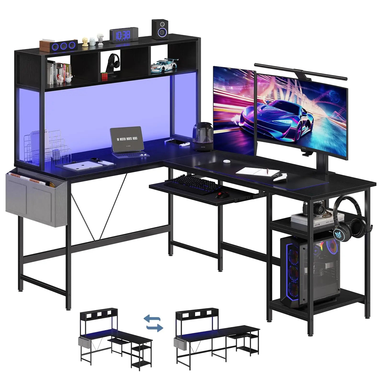 JHK 67IN L Shaped Reversible Gaming Desk with Led Lights Corner Table Keyboard Tray Side Bag Storage Shelf Wood Table for Office