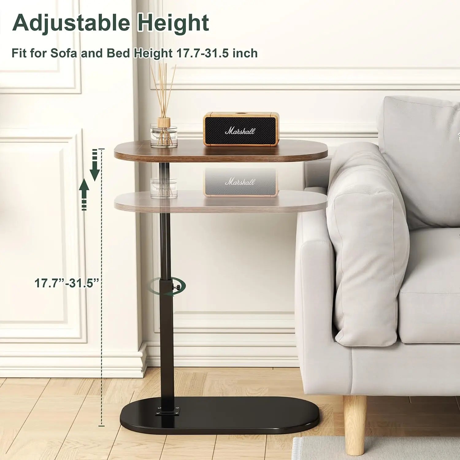 Adjustable C-Shaped Side Table with Swivel Top - Multi-Height End Table for Couch, Bed, Bathtub & Living Room