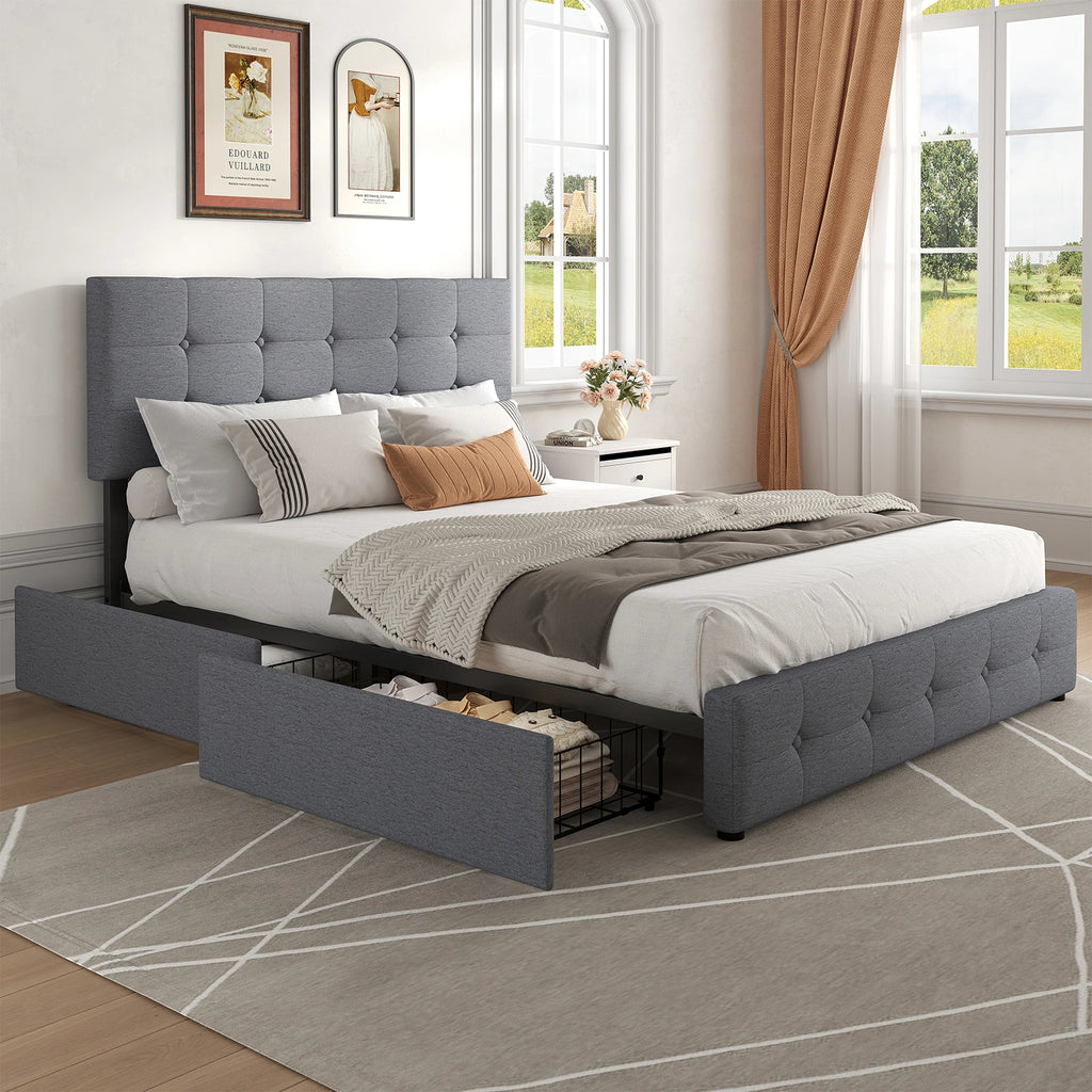 JHK Queen Full Size Bed Frame with Storage Upholstered Platform Bed Frame with 4 Drawers and Adjustable Height Button Headboard