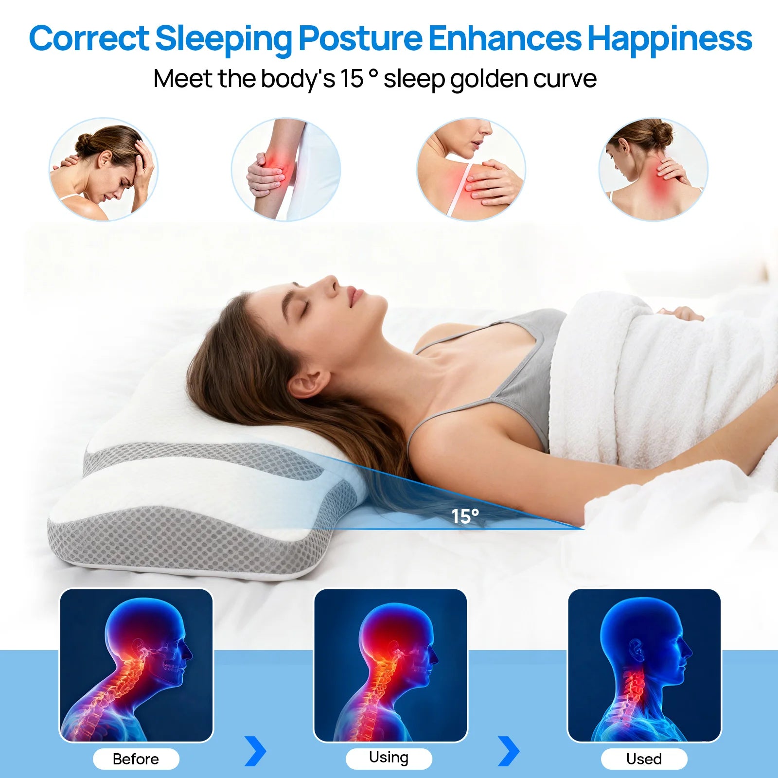 JHK Queen Size Memory Foam Cervical Neck Pillow Ergonomic Support Contour for Side with Arm Rest Slot and Ice Silk Pillowcase