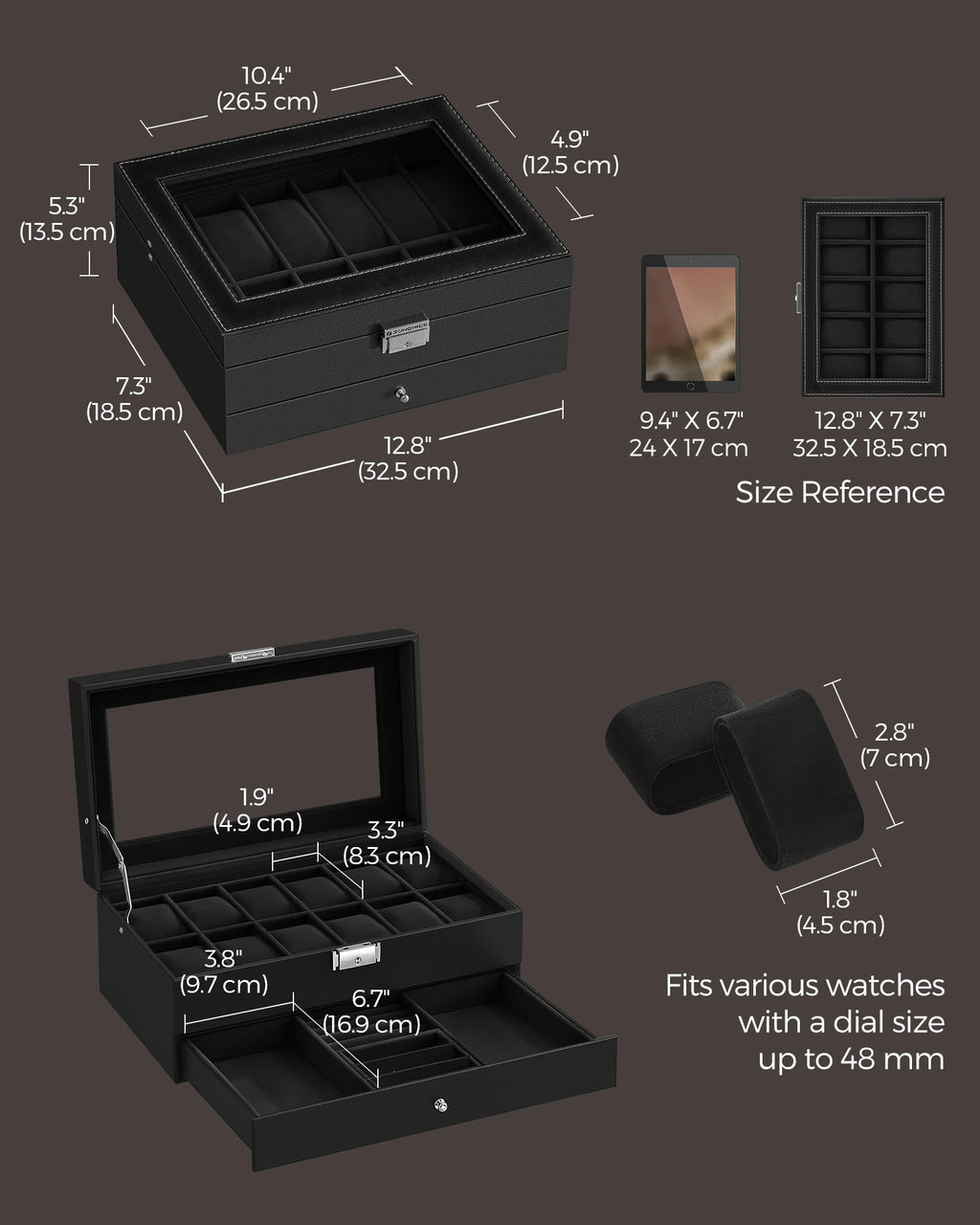 SONGMICS Watch Box, 12-Slot Watch Case Organizer with Large Glass Lid, 2 Layers, Removable Pillows, Metal Lock