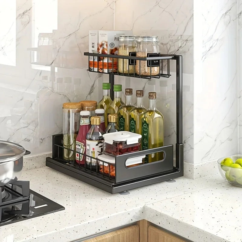 Kitchen Double-Layer Sliding Sink Under-Sink Shelf for Home Use Pull-Out Cabinet Storage Rack for Kitchen and Bathroom Storage