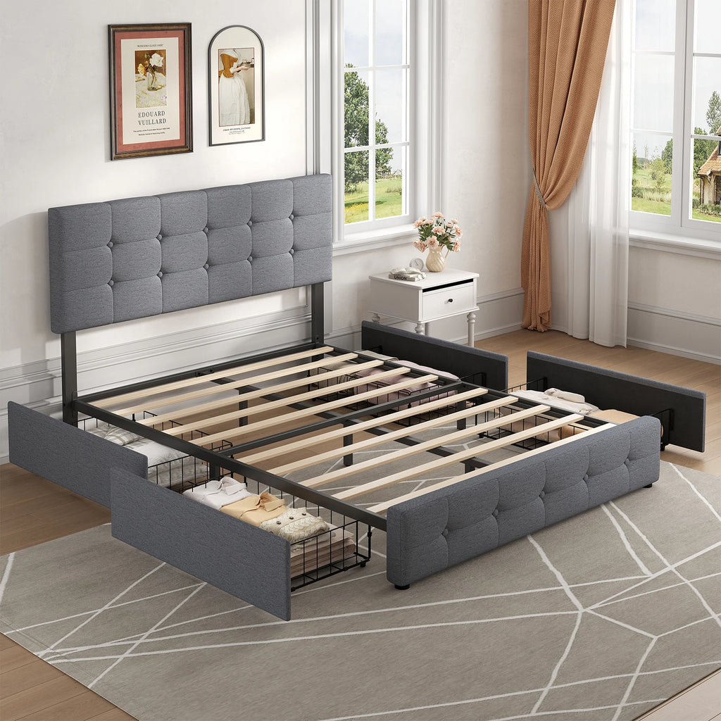 JHK Queen Full Size Bed Frame with Storage Upholstered Platform Bed Frame with 4 Drawers and Adjustable Height Button Headboard