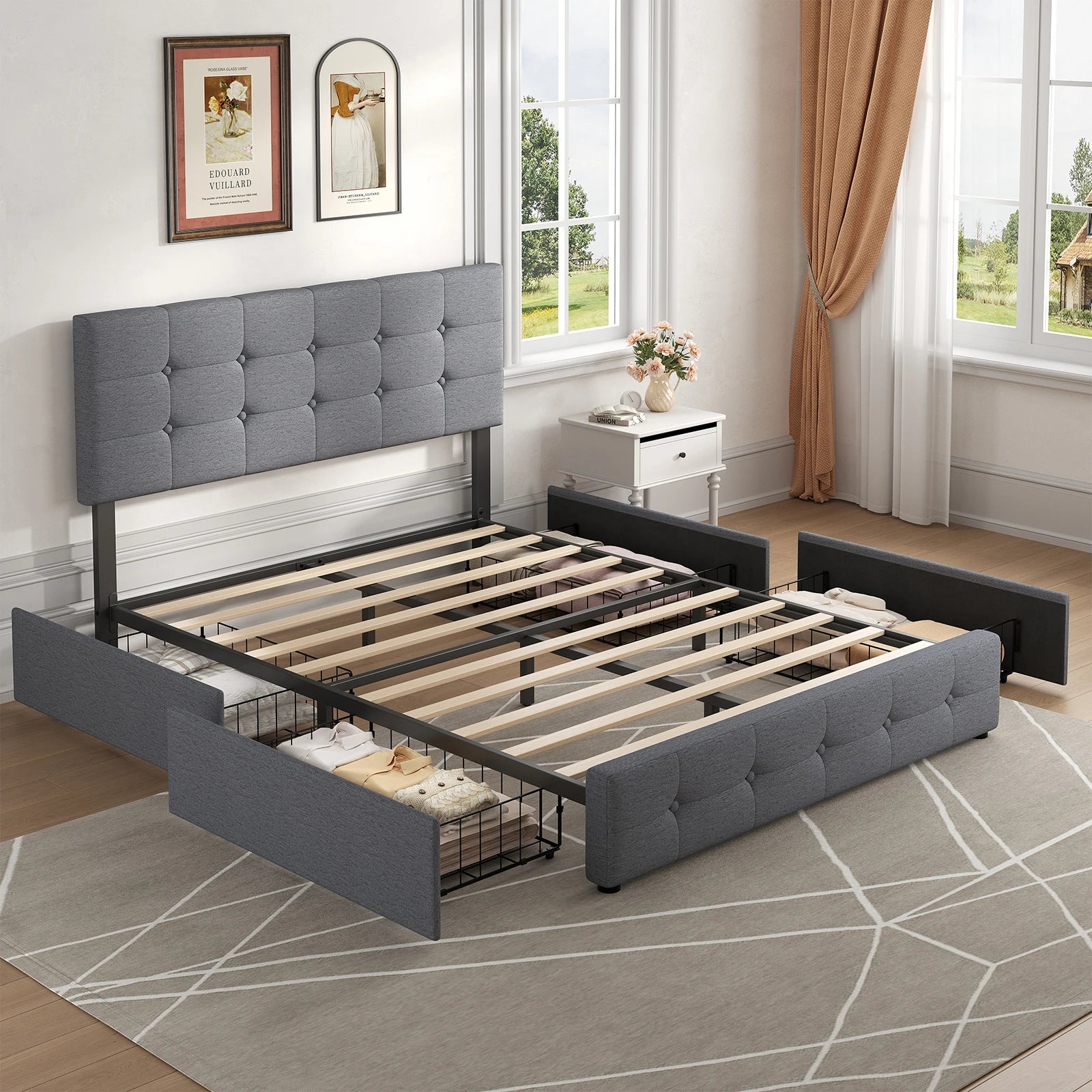 JHK Queen Full Size Bed Frame with Storage Upholstered Platform Bed Frame with 4 Drawers and Adjustable Height Button Headboard