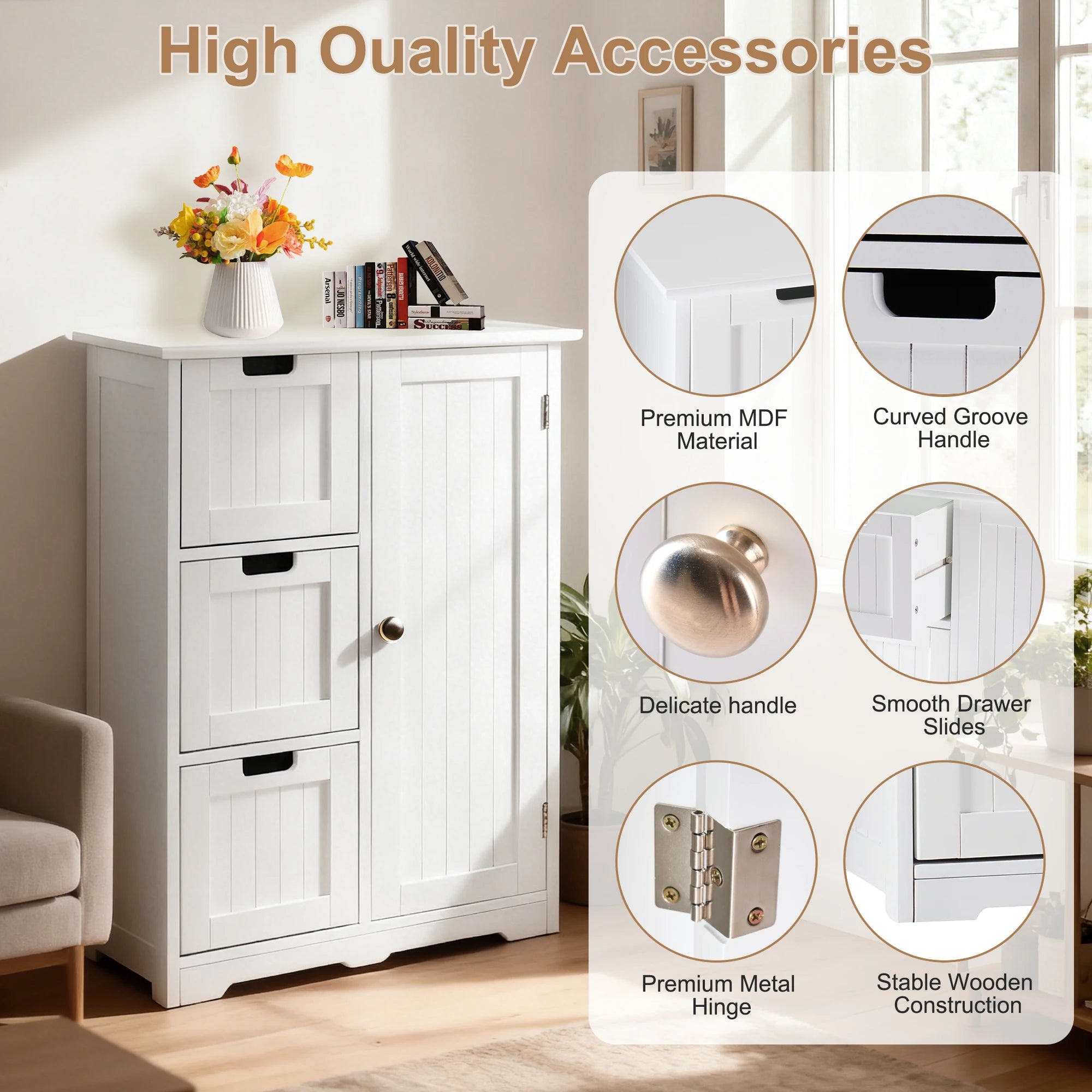 JHK Wooden Storage Cabinet with 3 Drawers and a Cupboard Bathroom Floor Cabinet Freestanding Cupboard for Home Living Room