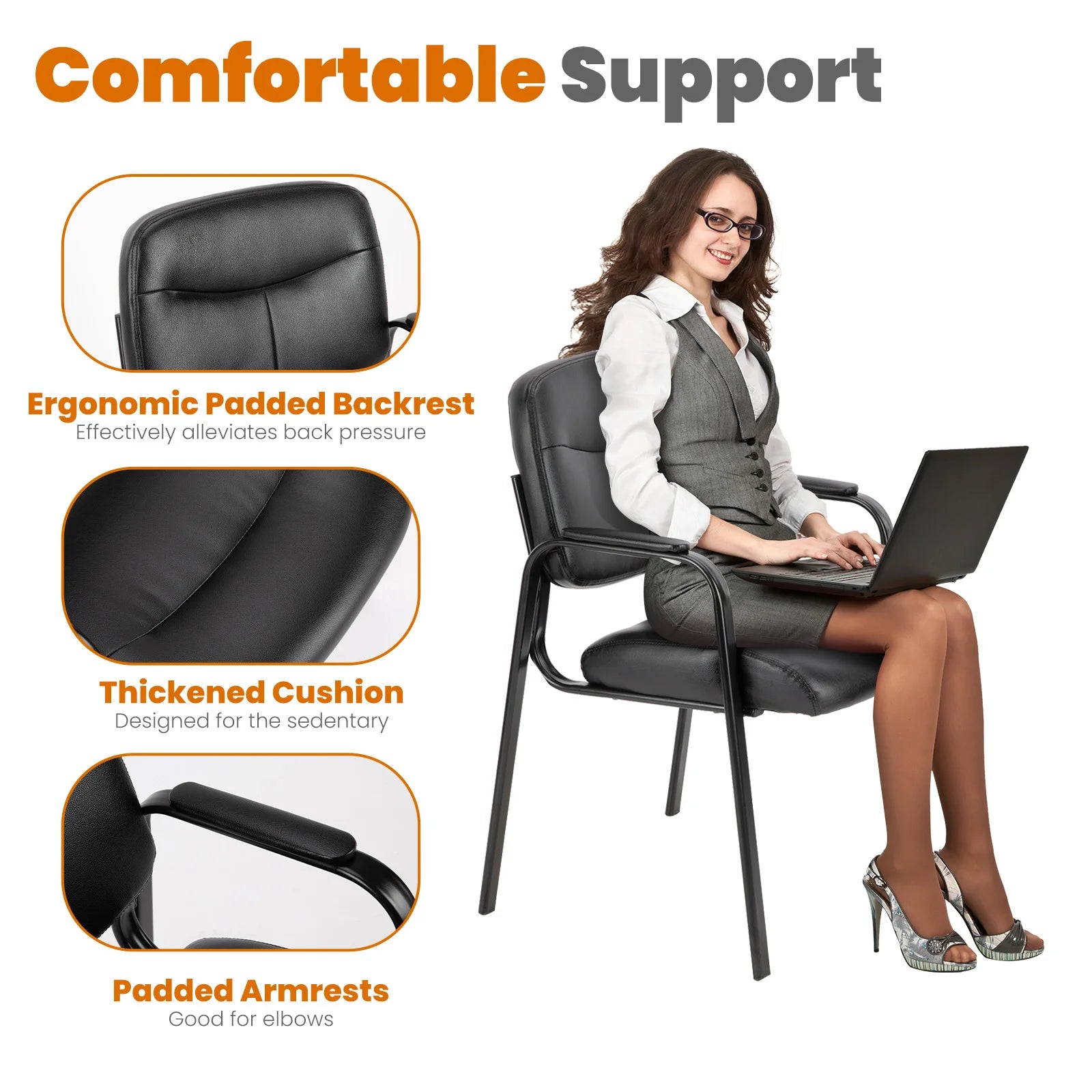 JHK Pu Leather Waiting Room Chair Comfy Guest Chairs with Padded Arms for Reception Conference Side Office Desk Home Furniture