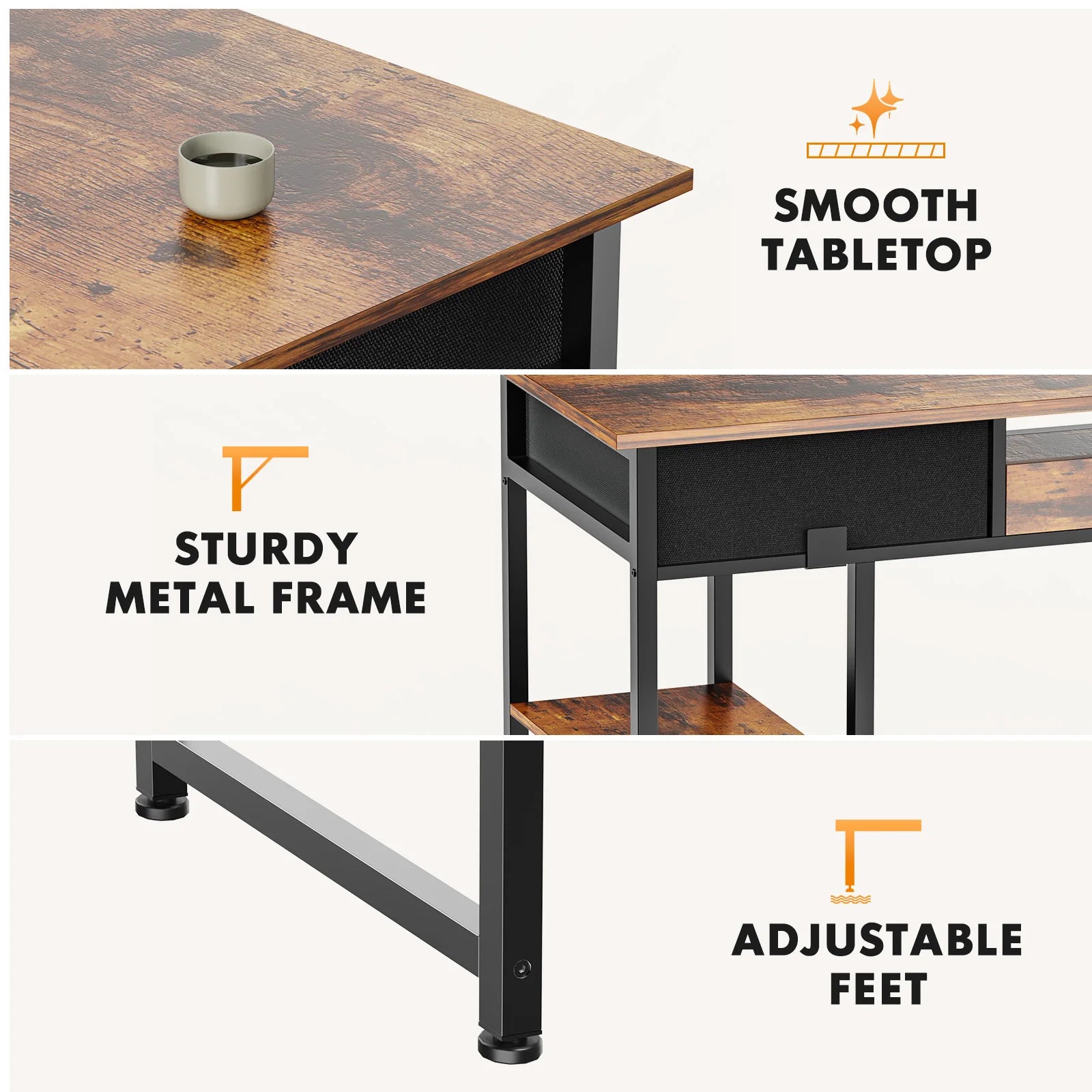 JHK 48 Inch Computer Gaming Desk with Fabric Drawers Storage Shelves Metal Frame Adjustable Feet Table For Bedroom Home Office