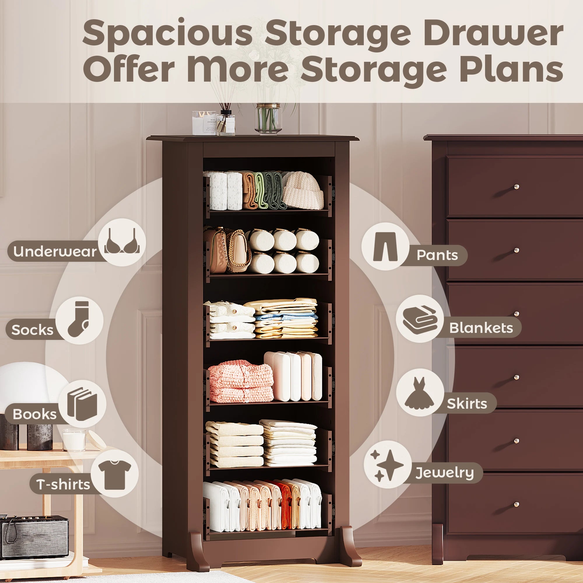 JHK 6 Drawer Wooden Dresser Chest for Living Room 19" x 23.25" x 52.75" Modern Storage Cabinet for Home Furniture Closet