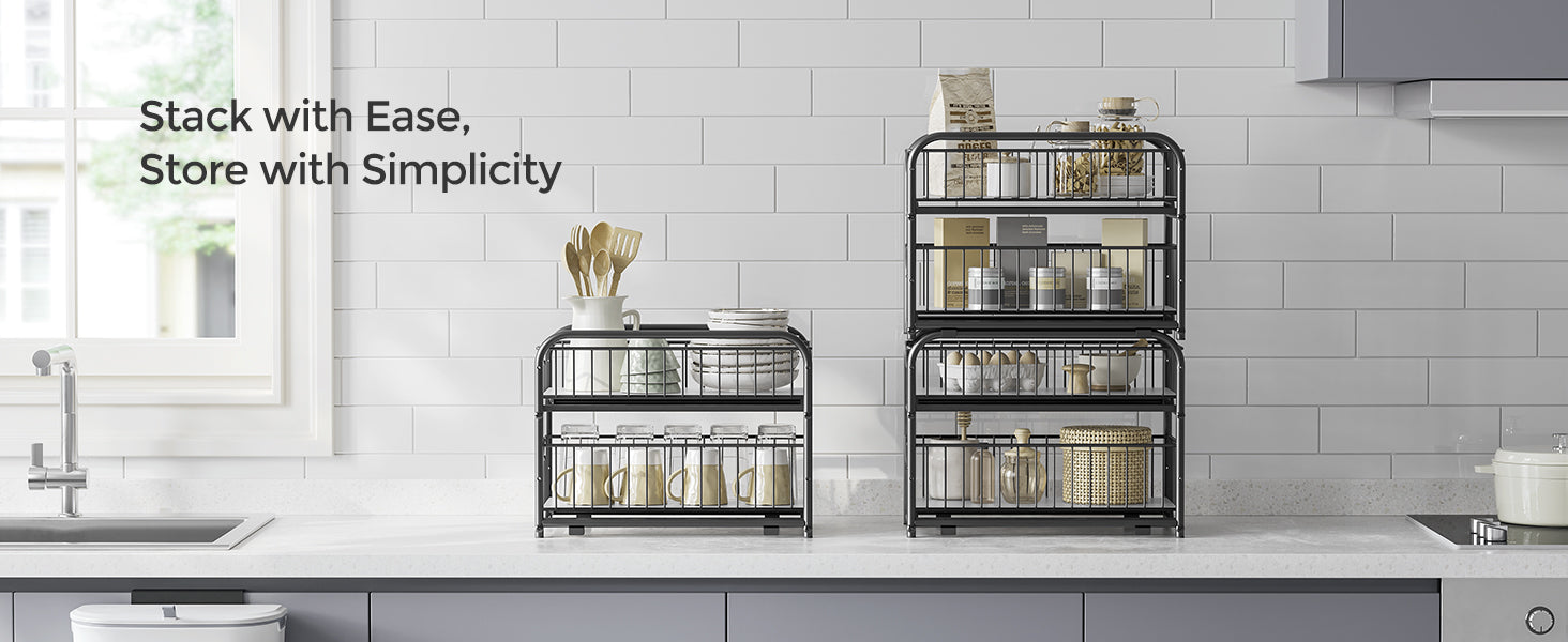SONGMICS 2-Tier Pull Out Cabinet Organizers, Under Sink Organizer, Bathroom Organizer and Storage, Sliding Basket Drawers, Stack
