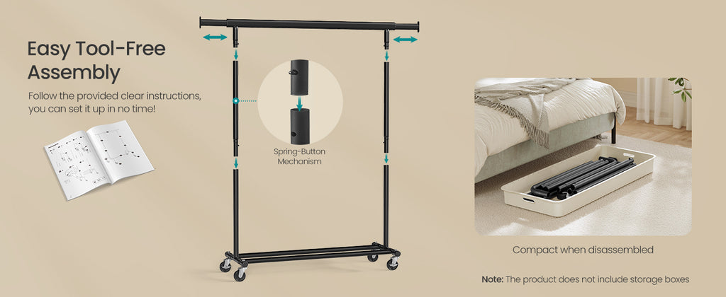 SONGMICS Clothes Rack with Wheels, Heavy-Duty Clothing Rack for Hanging Clothes, Portable, 17.7 x (36.2-52) x 63.6 Inches, with