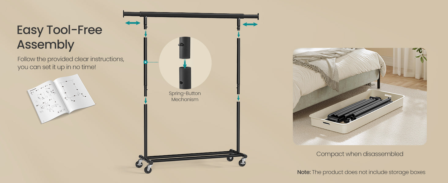SONGMICS Clothes Rack with Wheels, Heavy-Duty Clothing Rack for Hanging Clothes, Portable, 17.7 x (36.2-52) x 63.6 Inches, with