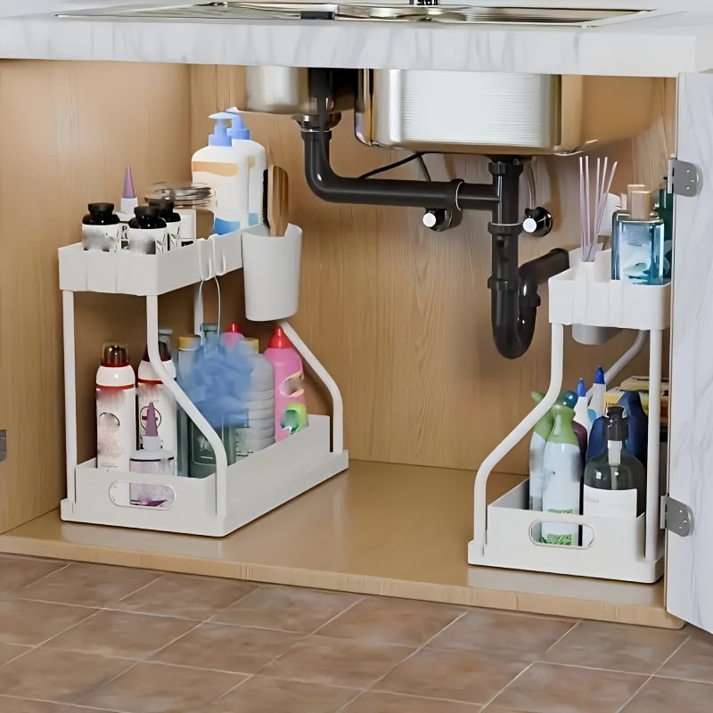 2-Pack L-Shaped Under Sink Organizers with Slide-Out Drawers – Pipe-Friendly Cabinet Storage Rack