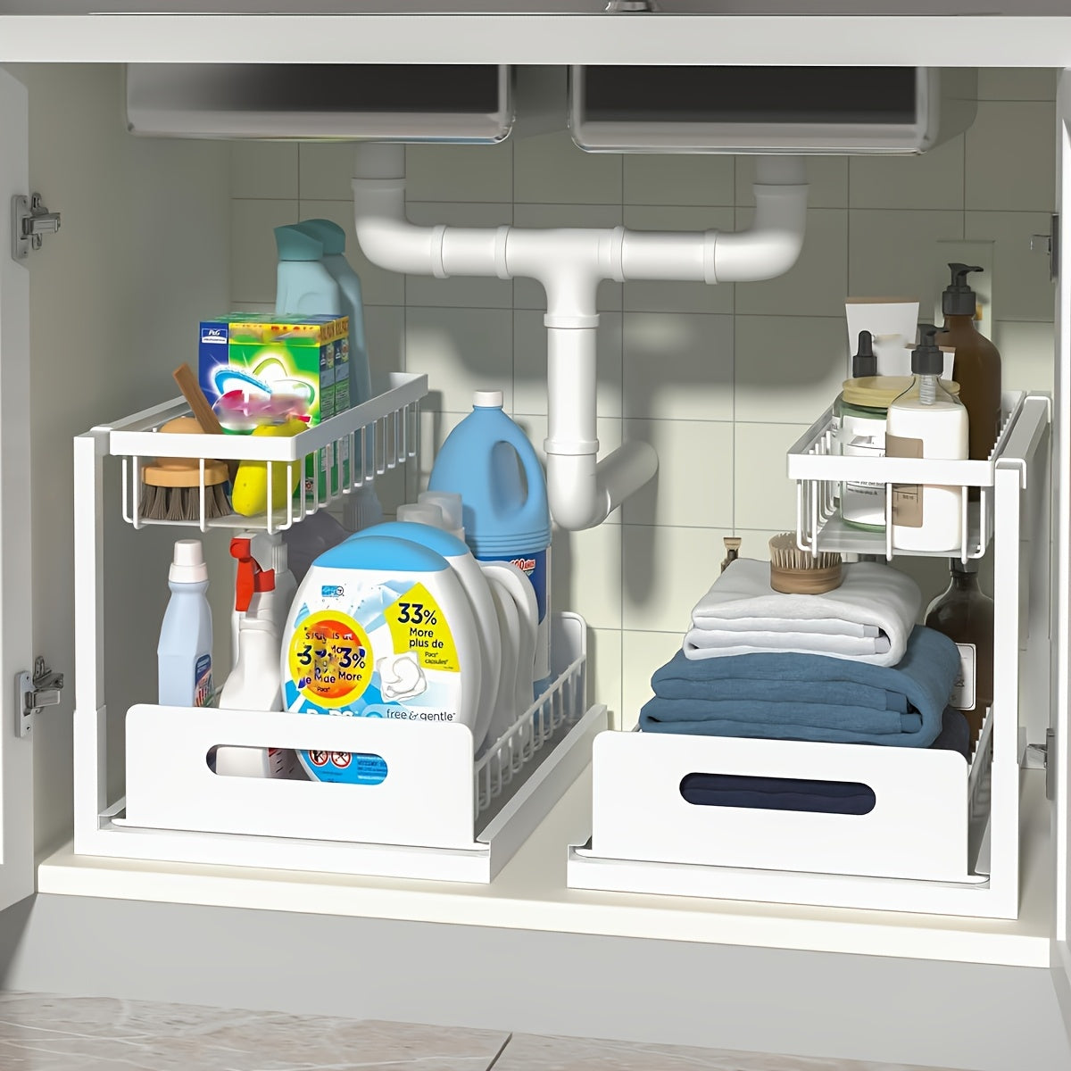Two-Level Organizers for Under The Sink - Featuring a Sliding Pull-Out Shelf