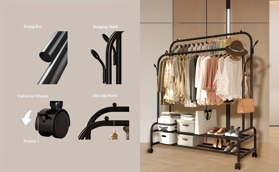 Double-Rail Rolling Garment Rack with Shelves & Wheels – Heavy-Duty Clothing Organizer
