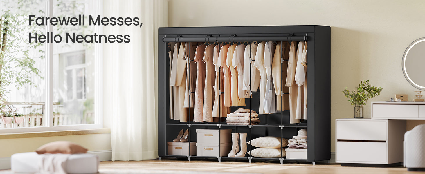 SONGMICS Portable Closet, Wardrobe Closet Organizer with Cover, 5 Hanging Rods and Shelves, 4 Side Pockets, 17.7 x 83 x 65.7 Inc
