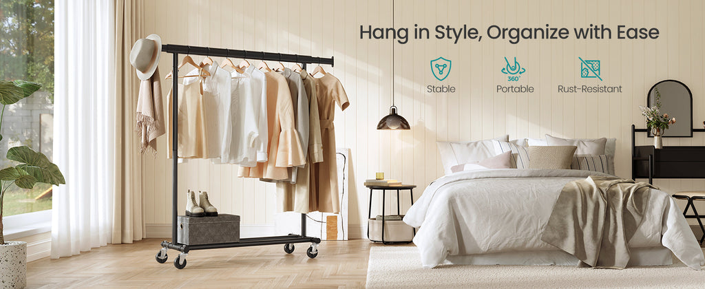 SONGMICS Clothes Rack with Wheels, Heavy-Duty Clothing Rack for Hanging Clothes, Portable, 17.7 x (36.2-52) x 63.6 Inches, with