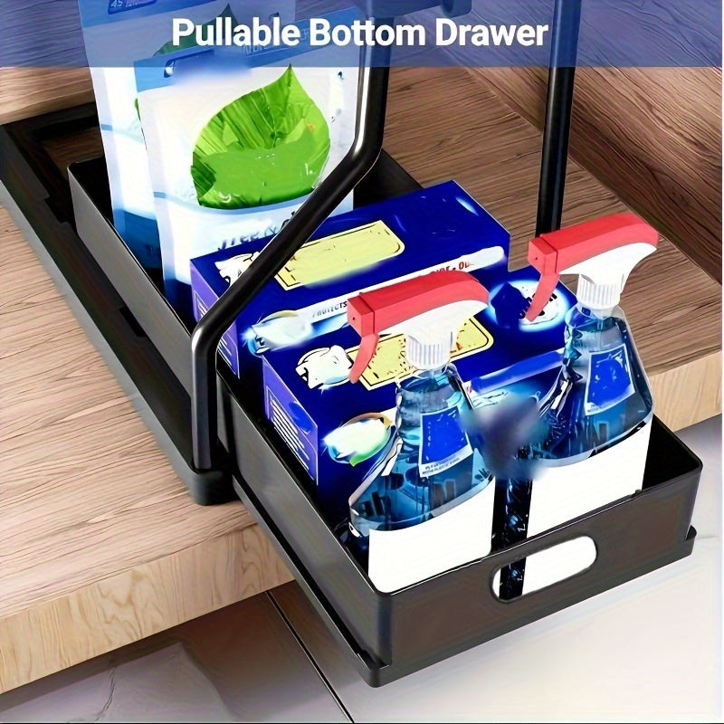 2-Pack L-Shaped Under Sink Organizers with Slide-Out Drawers – Pipe-Friendly Cabinet Storage Rack