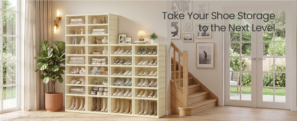 SONGMICS Foldble Shoe Storage Organizer for Closet, Stackable Sneaker Cabinet with Magnetic Door, Large Plastic Container Bins f