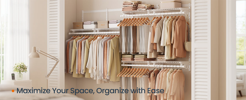 SONGMICS HOME Closet System, Closet Insert Organizer, 4-6 ft, Adjustable Metal Shelving Unit with 6 Hanging Rods, 6 Shelves, and