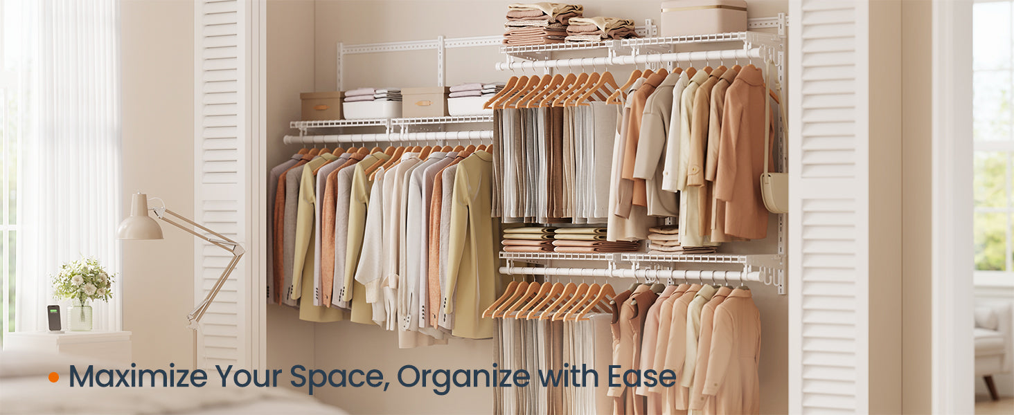 SONGMICS HOME Closet System, Closet Insert Organizer, 4-6 ft, Adjustable Metal Shelving Unit with 6 Hanging Rods, 6 Shelves, and