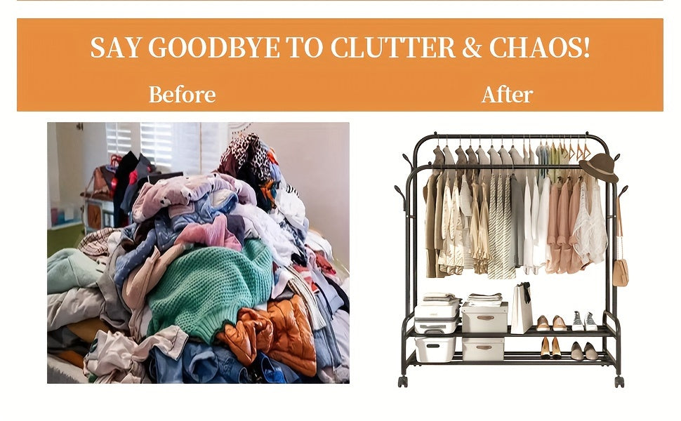 Double-Rail Rolling Garment Rack with Shelves & Wheels – Heavy-Duty Clothing Organizer